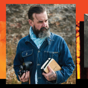 Image - the speaker, burning trees, and his book cover